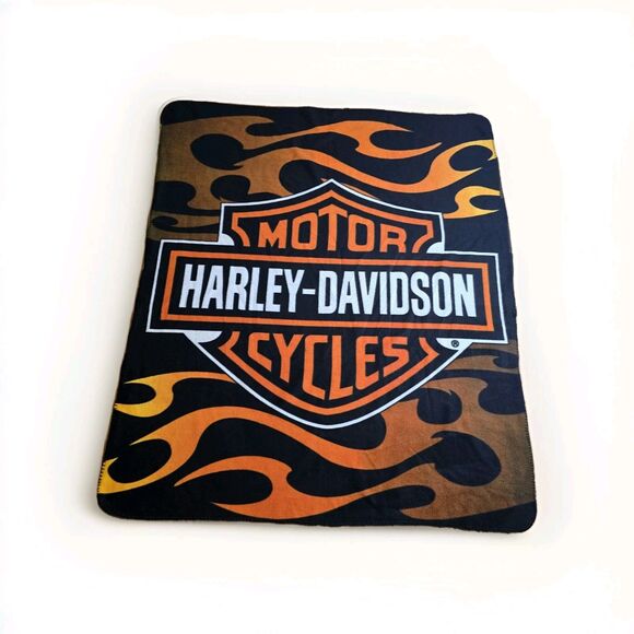 Harley Davidson Motorcycles Black Orange Flame Fleece Throw Blanket *Flaw - Picture 1 of 8